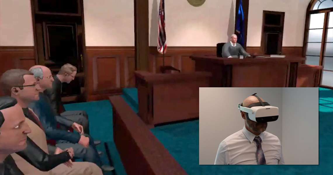 Split view of the JUST virtual courtroom simulation next to an attorney wearing a VR headset